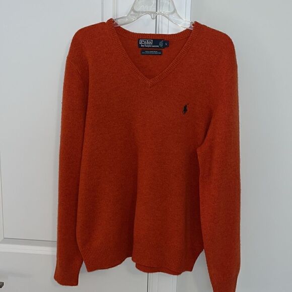 Orange w/ Blue Pony Lambswool Polo by Ralph Lauren v neck LS winter wool sweater - Picture 1 of 4